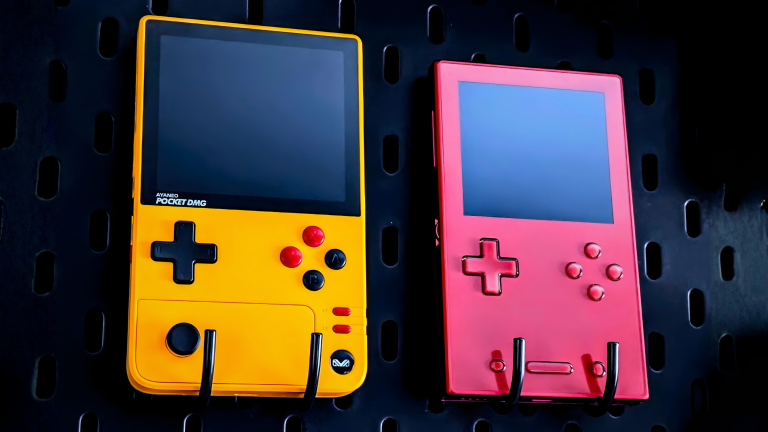 Yellow and red handheld gaming devices on display.
