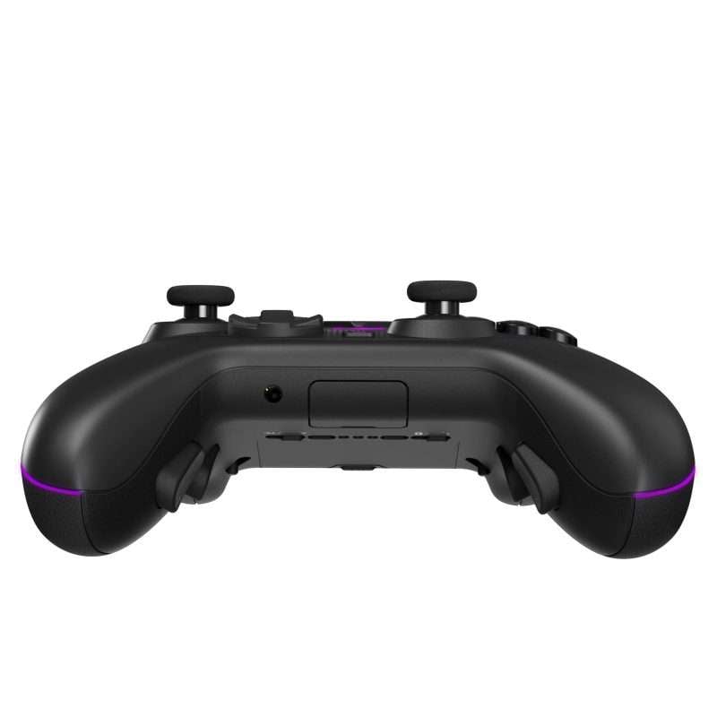 Black gaming controller with purple accents