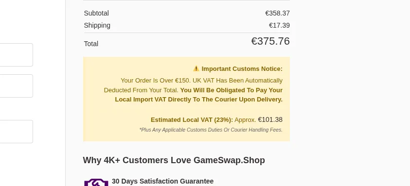 Order total with customs notice